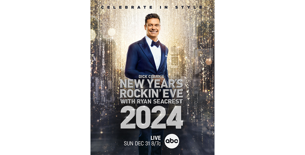 In the key art for Dick Clark’s New Year’s Rockin’ Eve with Ryan Seacrest 2024, host Ryan Seacrest is wearing a dark blue tuxedo and smiling at the camera. He is surrounded by what looks like glittering firework trails falling from the sky, and the title treatment for the show is seen toward the bottom of the image, along with the ABC logo and the show’s time slot.