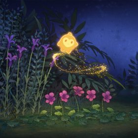 Purple and pink flowers stand in the forest as Star, from Wish, floats above them casting a trail of gold magic dust between him and the flowers.