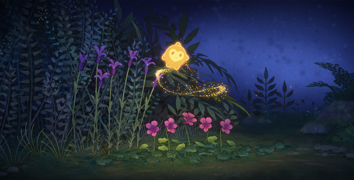 Purple and pink flowers stand in the forest as Star, from Wish, floats above them casting a trail of gold magic dust between him and the flowers.