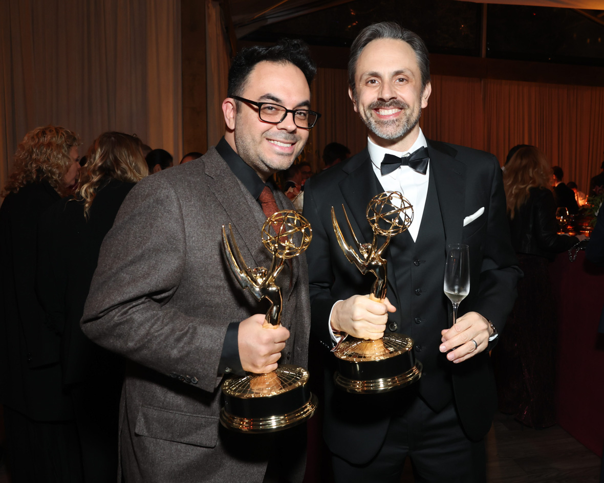 Dane Romley, animator for The Simpsons, and Rob Oliver, director of The Simpsons, pose with their Emmy Awards at The Walt Disney Company’s post-Emmys party.