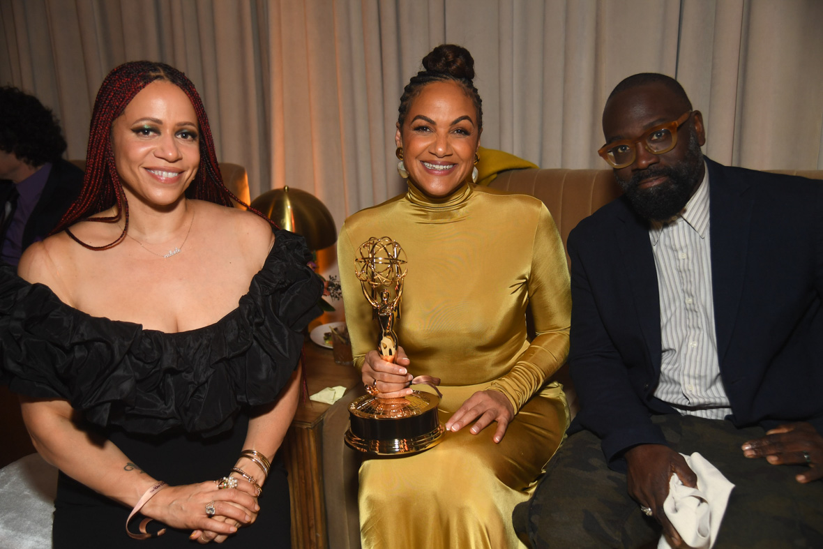 Nikole Hannah-Jones, executive producer of The 1619 Project; Shoshana Guy, producer of The 1619 Project; and a guest pose with their Emmy Awards at The Walt Disney Company’s post-Emmys party.