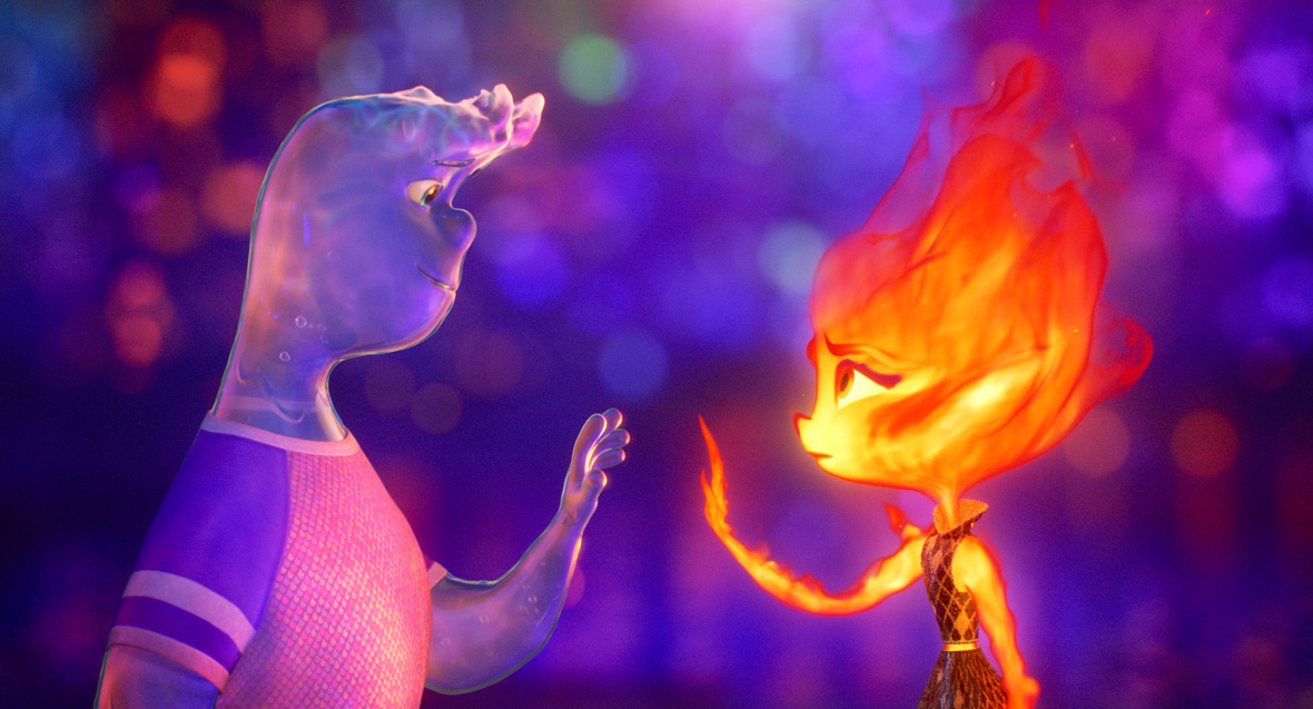 In a scene from Pixar Animation Studios' Elemental, Wade, a go-with-the-flow Water person, and Ember, a hot-tempered Fire person, prepare to touch each other's hands.