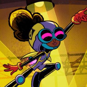 In a trailer screen shot for Season 2 of Marvel’s Moon Girl and Devil Dinosaur, Lunella Lafayette, aka Moon Girl, wears blue-rimmed goggles with pink bands of light intersecting in the middle of the lenses, a purple and yellow helmet, and similarly colored outfit and boots. She is leaping in mid-air with her left hand extended and right hand down by her side. Her hands are covered in red gloves with yellow trim.