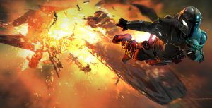 Concept art for a new untitled Star Wars movie shows The Mandalorian carrying Grogu in his right arm as the two fly through space. A large ship is exploding behind them.