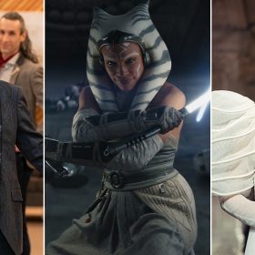 From left to right: Martin Short as Oliver Putnam in a scene from Hulu’s Only Murders in the Building, Rosario Dawson as Ahsoka Tano in a scene from Lucasfilm’s Star Wars: Ahsoka, and Emma Stone as Bella Baxter in a scene from Searchlight Pictures’ Poor Things.