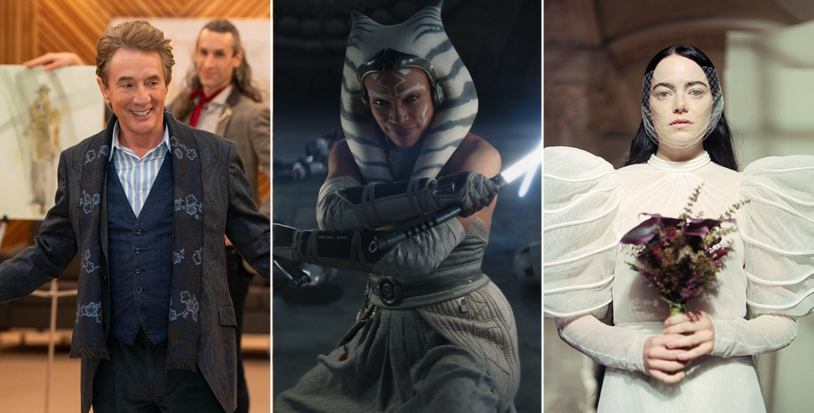 From left to right: Martin Short as Oliver Putnam in a scene from Hulu’s Only Murders in the Building, Rosario Dawson as Ahsoka Tano in a scene from Lucasfilm’s Star Wars: Ahsoka, and Emma Stone as Bella Baxter in a scene from Searchlight Pictures’ Poor Things.