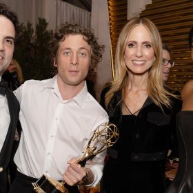 Josh Senior, executive producer of The Bear; Jeremy Allen White, star of The Bear; Dana Walden; Co-Chairman, Disney Entertainment; and Ayo Edebiri, star of The Bear, pose with their Emmy Awards at The Walt Disney Company’s post-Emmys party.
