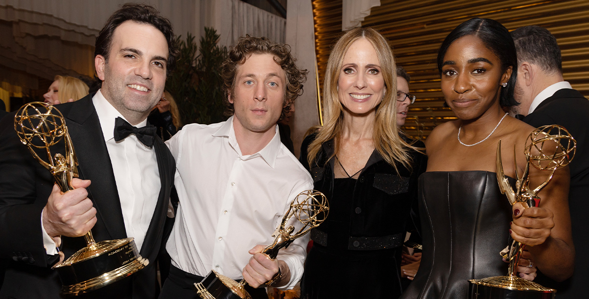 Josh Senior, executive producer of The Bear; Jeremy Allen White, star of The Bear; Dana Walden; Co-Chairman, Disney Entertainment; and Ayo Edebiri, star of The Bear, pose with their Emmy Awards at The Walt Disney Company’s post-Emmys party.