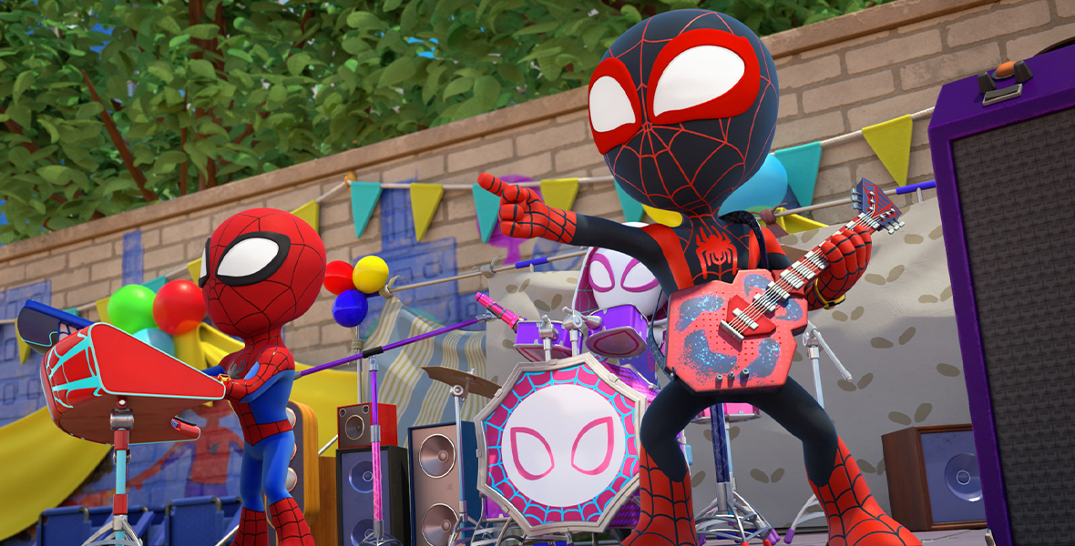 Clad in their Spidey suits, Peter Parker, Gwen Stacy, and Miles Morales play instruments in Season 3 of Marvel's Spidey and his Amazing Friends on Disney Junior.