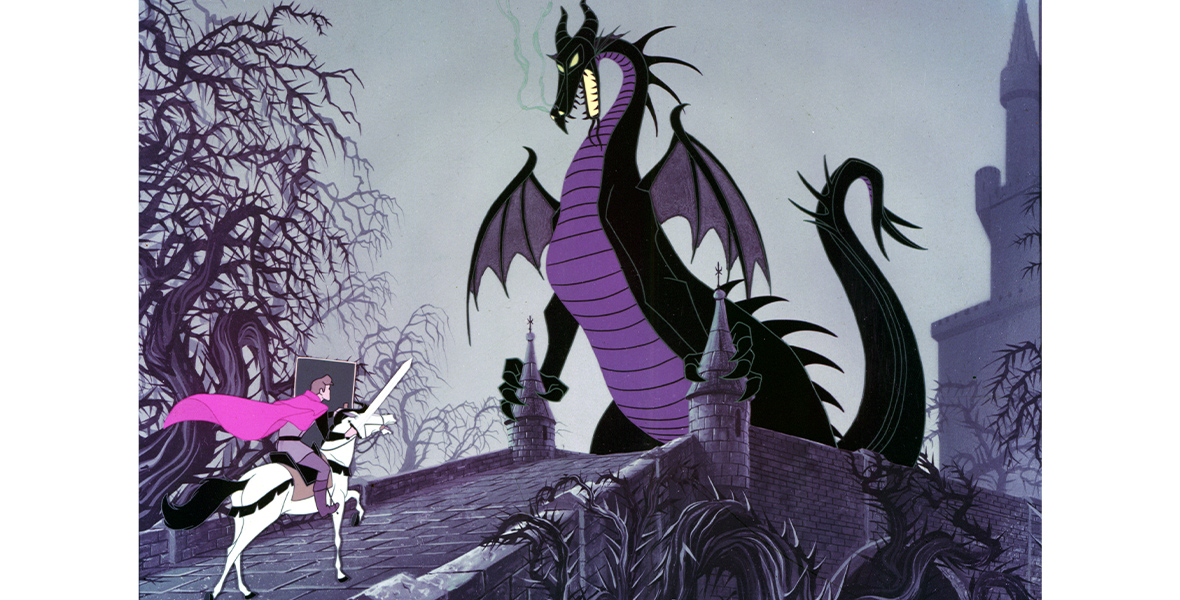 Maleficent, in dragon form, is large, black, and purple, with lit-up eyes. The dragon is on a bridge, blocking Prince Philip, who is on a white horse, from crossing toward the castle. The prince, ready to attack the dragon, wears a pink cape and holds a white sword and gray shield.