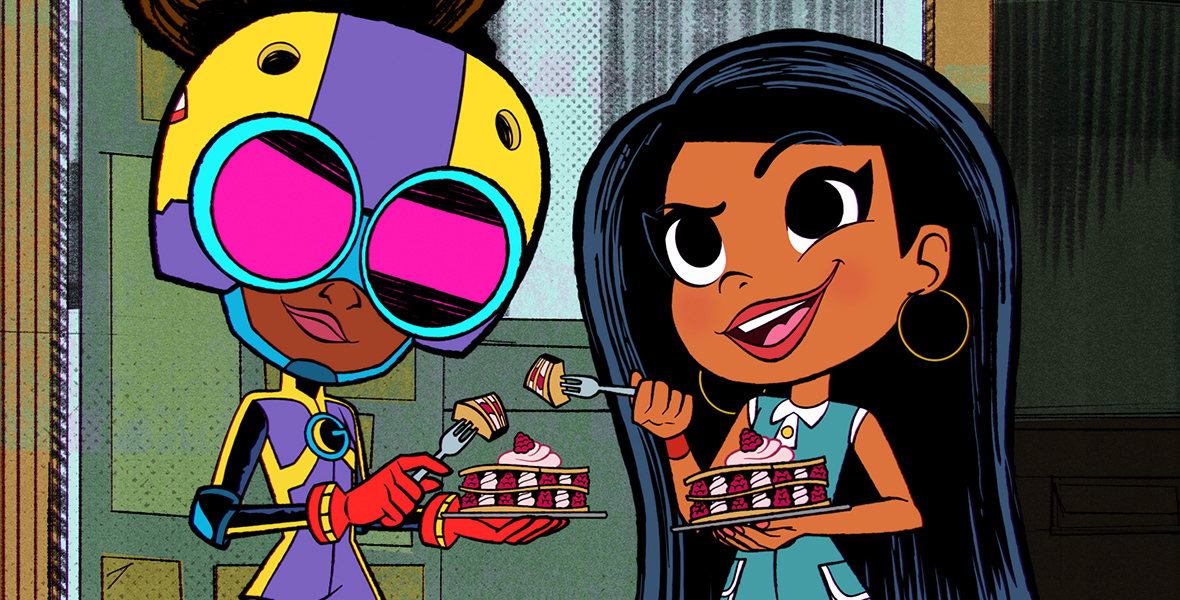 Lunella (voiced by Diamond White), in her Moon Girl costume with helmet and goggles, is eating a raspberry dessert along with her best friend, Casey (voiced by Libe Barer).