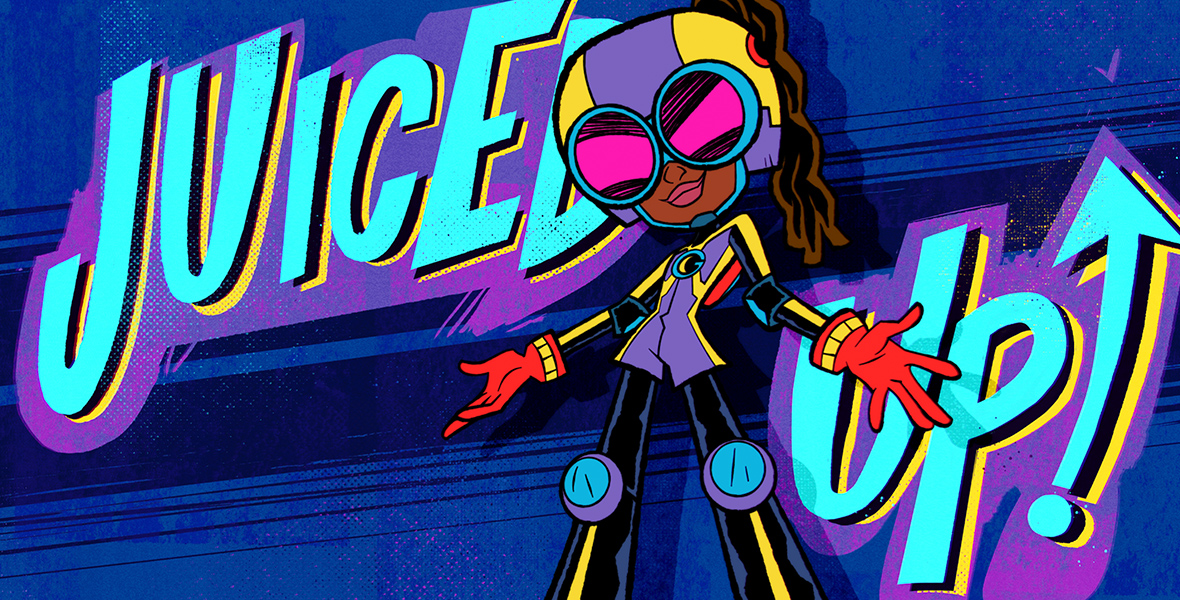 Moon Girl, in her multicolor Super Hero costume, stands in front of a colorful text that reads “Juiced Up.”