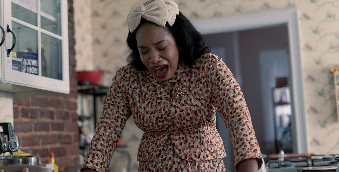 In Genius: MLK/X, Coretta Scott King, played by Weruche Opia, screams in her kitchen.