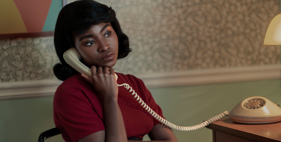 In Genius: MLK/X, Betty X, played by Jayme Lawson, talks on the phone.