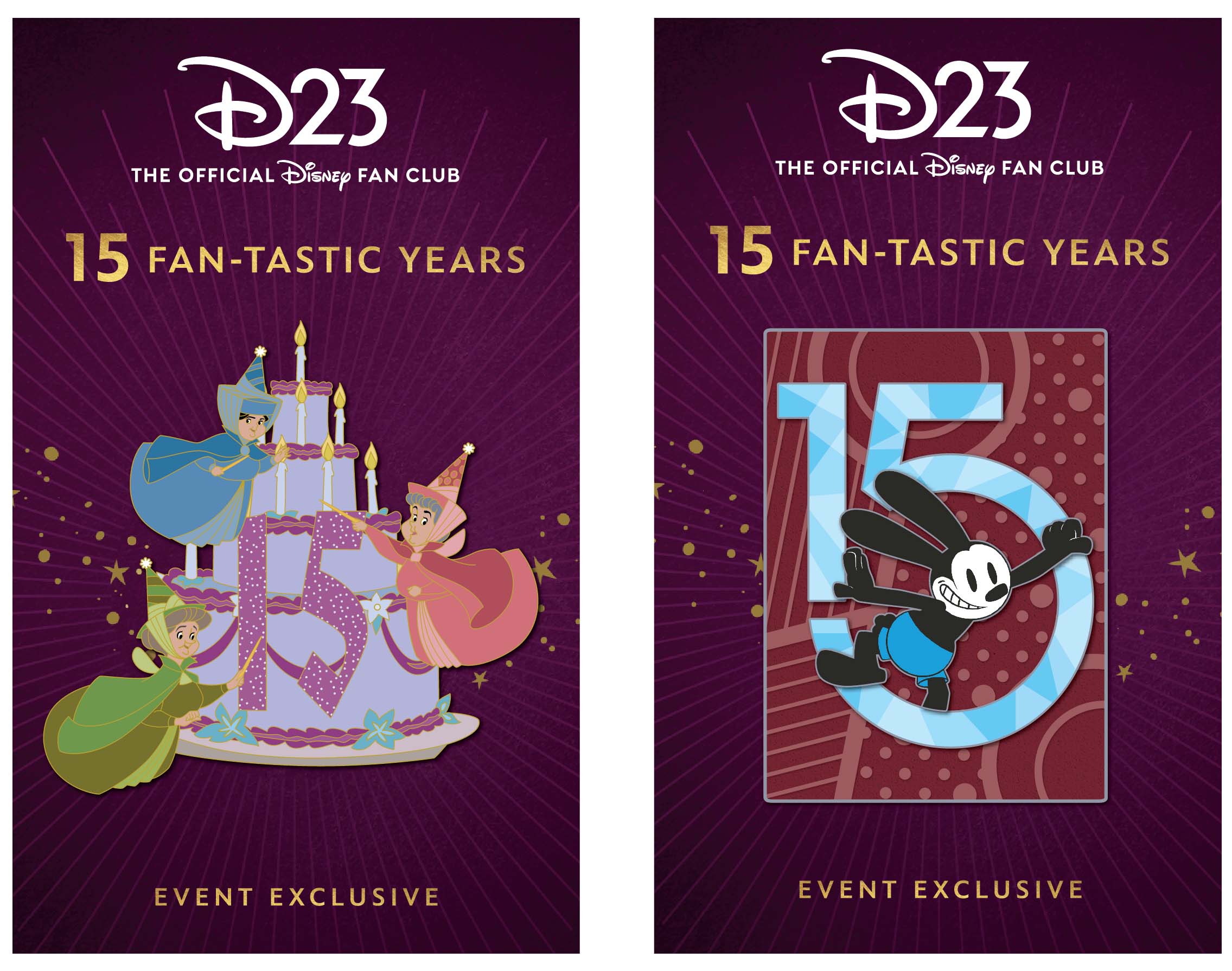 Triptych image featuring two exclusive pins that will be available at D23 15th Anniversary Celebration’s RSP opportunity. The first pin features artwork inspired by Sleeping Beauty, with a pink and blue cake decorated by Flora, Fauna, and Merryweather, bearing “15” for 15 Fan-tastic Years of D23. The other pin features artwork of Oswald the Lucky Rabbit as he “steps out” of a large “15” against a colorful background.