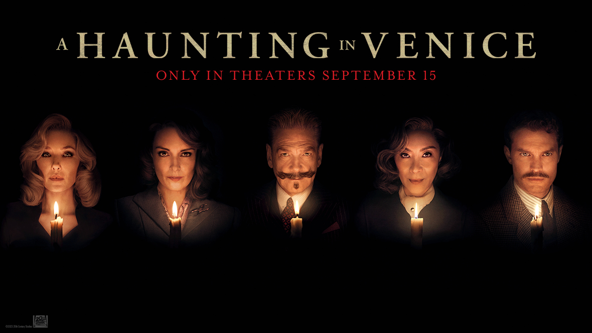 The characters of A Haunting in Venice stand in a row, all hidden by darkness except for their faces, which are illuminated by the orange glow of candles. Above their heads is the text “A Haunting in Venice, on in theaters September 15.”