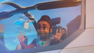 In a scene from the movie Iwájú, Tola sits inside a flying car, gazing out of the window. Her hands rest on the window ledge as she observes another airborne vehicle in the sky with wonder. Tola wears a pink smartwatch and a vibrant blue and purple dress adorned with colorful detailing.