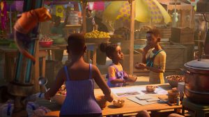 In a scene from the show Iwájú, Tola and Kole enjoy Nigerian cuisine at an outdoor marketplace. Tola wears an orange T-shirt with purple overalls, while Kole sports a yellow T-shirt with orange, brown, and green accents, paired with green cargo shorts, sandals, and a black fanny pack adorned with neon blue strips. To their left stands a woman managing a food stall, dressed in a purple dress. Otin, Tola’s robotic pet lizard, discreetly lurks behind a pole for Tola’s protection. In the background, various market stalls display legumes, vegetables, and cardboard boxes, bustling with local activity.