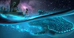 In an early image from Disney’s Moana 2, Moana, Maui, and several other characters are seen on a catamaran on the left, set against a darkened, starry night sky on the sea. Below them in the ocean, on the right, is a large whale.