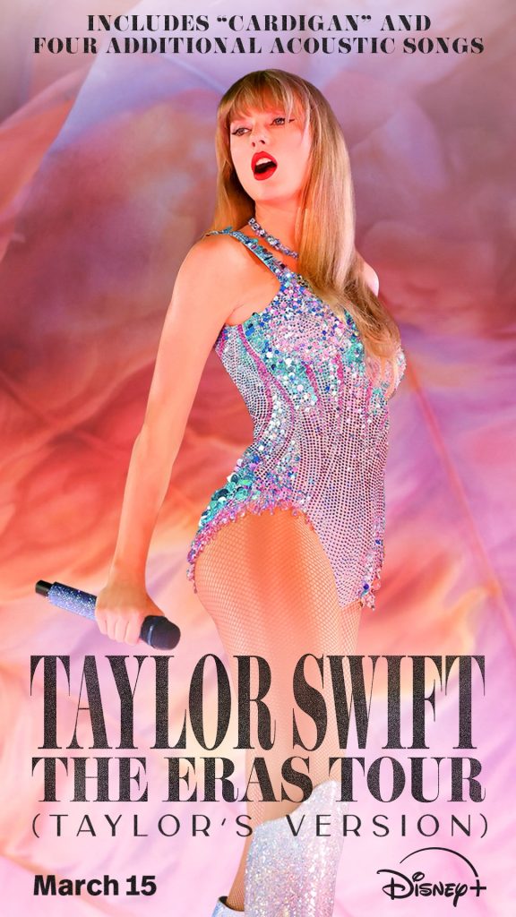 In a promotional image for Taylor Swift | The Eras Tour (Taylor’s Version) on Disney+, star Taylor Swift is seen wearing a sparkly blue leotard and boots and holding a sparkly microphone, and her mouth is open as if in mid-song. She’s set against a light purple and pink background, and the title of the concert—and the date it’s premiering—is seen in bold letters at the bottom of the image.