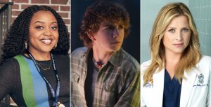 Headshots of Quinta Brunson for Abbott Elementary (left), Walker Scobell for Percy Jackson and the Olympians (center), and Jessica Capshaw for Grey’s Anatomy (right)