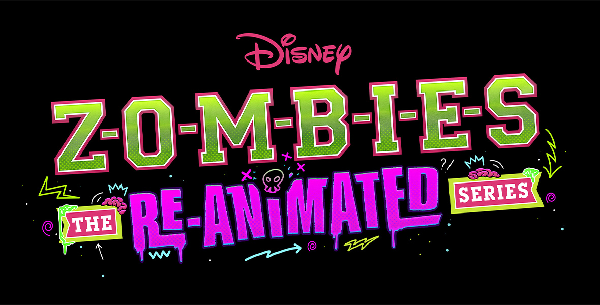 The word ZOMBIES is written in green capital letters and outlined in white and pink. Below it the words The and Series are written in white capital letters, set in a pink and green box, surrounded by doodles of brains, swirls, lightning bolts, crowns, and slime. The word RE-ANIMATED is written in purple capital letters and is bordered by similar doodles.