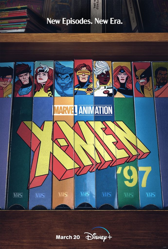 A wooden bookshelf features nine books with an X-Men character on the book’s top spine. Collectively, the spines spell out the phrase “MARVEL ANIMATION X-MEN.” The characters, from left to right, include Jubilee, Gambit, Rogue, Beast, Cyclops, Storm, Jean Grey, Wolverine, and Bishop. At the top of the image, text reads “New Episodes. New Era,” while at the bottom, text announces “March 20 Disney+.”