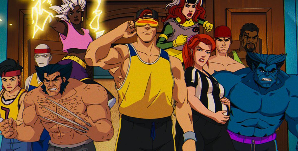 From left to right: Jubilee, Morph, Wolverine, Storm, Cyclops, Rogue, Jean Grey, Gambit, Bishop, and Beast are depicted in a ready-to-attack stance, having just entered through a large wooden door in a scene from X-Men ’97. Each character is in sports attire.