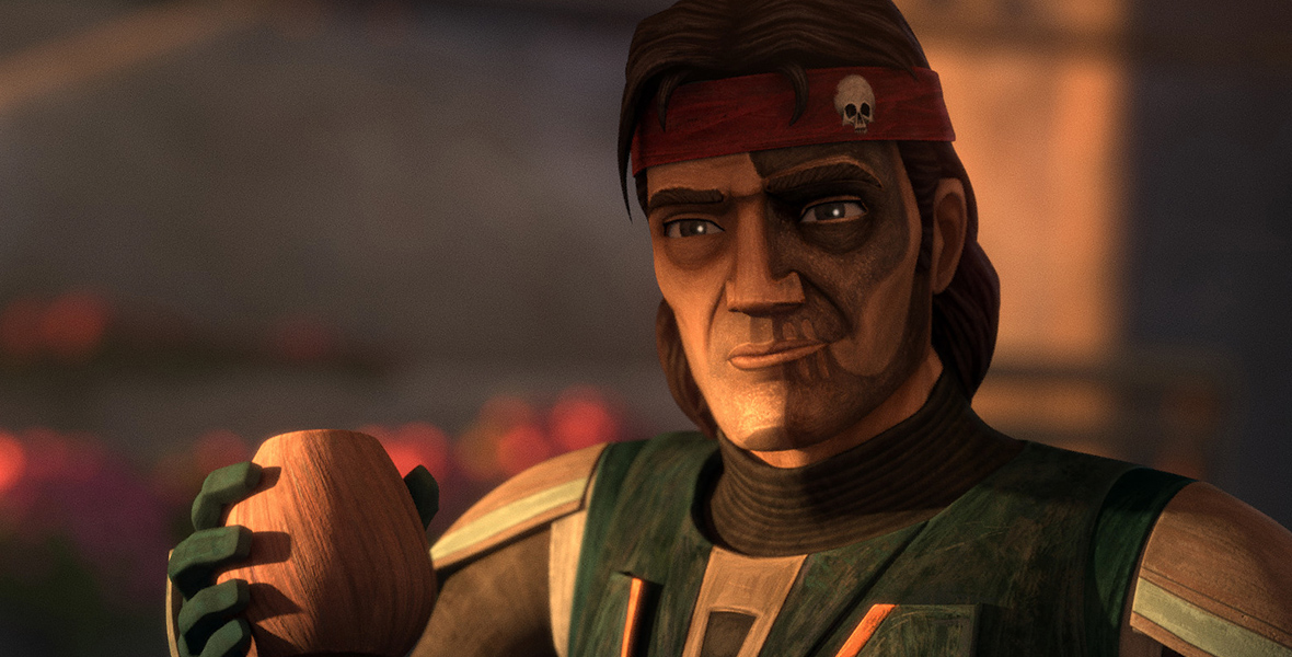 Hunter from Star Wars: The Bad Batch is depicted in typical clone commando gear, mostly gray with red stripes, and he has a red bandana with a skull motif around his head.
