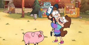 In a scene from Gravity Falls, Mabel Pines is joyfully embracing Dipper Pines, lifting him up in a warm hug. Mabel is dressed in a blue and pink turtleneck sweater, a dark blue skirt, and pink sneakers. Dipper sports his signature blue cap, a red t-shirt, a blue vest, and classic black sneakers. Accompanying them is their pet pig, Waddles. The backdrop features a rustic wooden hut and two colorful carnival booths labeled "Balloon Bust" and "Mystery Dogs."