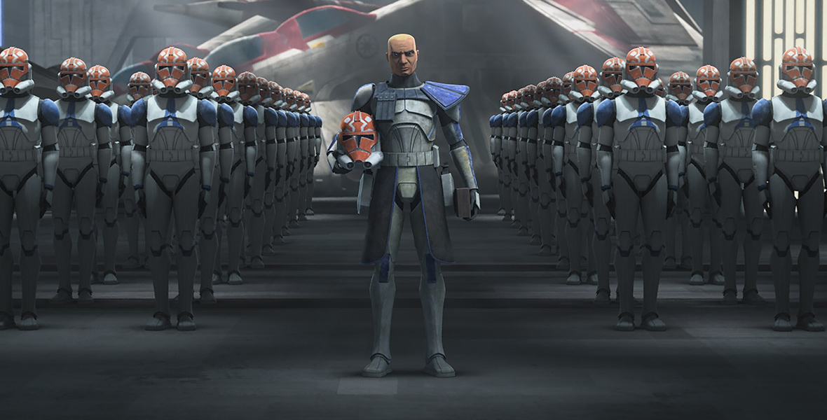 Captain Rex and the entire clone army from Star Wars: The Clone Wars are depicted in their signature gray attire with blue accents. Each member of the army is donning an orange helmet with grey detailing. Captain Rex, who stands in the middle of the four lines the clones have formed, holds the helmet in his right arm.
