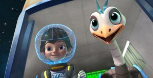 On the left side of this image from Miles from Tomorrowland, Miles Callisto stands clad in his typical space gear, a white jumpsuit featuring a black and yellow collar and shoulder pads. He wears a blue, see-through helmet emitting blue light rays. On the right side, Merc accompanies him, both of them standing at the edge of a space shuttle, gazing out into the galaxy.