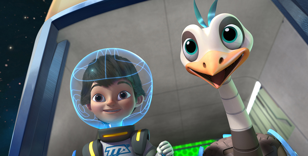 On the left side of this image from Miles from Tomorrowland, Miles Callisto stands clad in his typical space gear, a white jumpsuit featuring a black and yellow collar and shoulder pads. He wears a blue, see-through helmet emitting blue light rays. On the right side, Merc accompanies him, both of them standing at the edge of a space shuttle, gazing out into the galaxy.