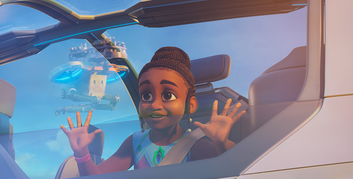 In a scene from the show Iwájú, Tola sits inside a flying car, gazing out of the window. Her hands rest on the window ledge as she observes another airborne vehicle in the sky with wonder. Tola wears a pink smartwatch and a vibrant blue and purple dress adorned with colorful detailing. 