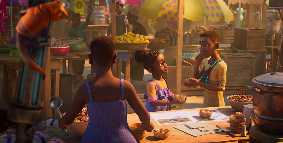 In a scene from the show Iwájú, Tola and Kole enjoy Nigerian cuisine at an outdoor marketplace. Tola wears an orange T-shirt with purple overalls, while Kole sports a yellow T-shirt with orange, brown, and green accents, paired with green cargo shorts, sandals, and a black fanny pack adorned with neon blue strips. To their left stands a woman managing a food stall, dressed in a purple dress. Otin, Tola’s robotic pet lizard, discreetly lurks behind a pole for Tola’s protection. In the background, various market stalls display legumes, vegetables, and cardboard boxes, bustling with local activity.