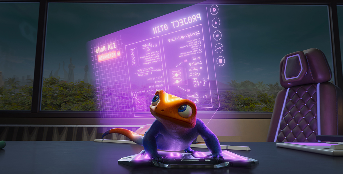 In a scene from the show Iwájú, Otin, Tola’s robotic pet lizard, is perched on a desk, manipulating the buttons of a device that activates a purple holographic screen displaying various metrics of Otin’s programming. Otin is predominantly purple with orange accents. In the background, the office window reveals a glimpse of Tola’s backyard, filled with green-leaved plants.
