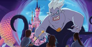 The book jacket of Volume 2 of Kingdom Keepers Inheritance: Villains’ Realm features a large image of Disney Villain Ursula smiling menacingly. Cinderella’s Castle from Walt Disney World and the EPCOT sphere are visible and aglow in the background at night. Three Kingdom Kids with their backs facing the viewer, standing with apparent magic bands on their wrists glowing, in fighting poses. Large text reads: “New York Times best-selling author Ridley Pearson Kingdom Keepers Inheritance” at the top. At the bottom left, text reads: “A new generation of Kingdom Keepers must save the Disney Parks!” Centered at the bottom, text reads: “Book Two.”