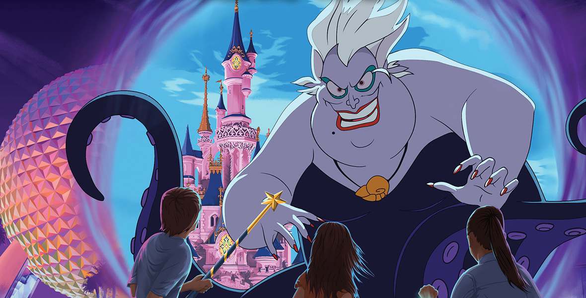 The book jacket of Volume 2 of Kingdom Keepers Inheritance: Villains’ Realm features a large image of Disney Villain Ursula smiling menacingly. Cinderella’s Castle from Walt Disney World and the EPCOT sphere are visible and aglow in the background at night. Three Kingdom Kids with their backs facing the viewer, standing with apparent magic bands on their wrists glowing, in fighting poses. Large text reads: “New York Times best-selling author Ridley Pearson Kingdom Keepers Inheritance” at the top. At the bottom left, text reads: “A new generation of Kingdom Keepers must save the Disney Parks!” Centered at the bottom, text reads: “Book Two.”