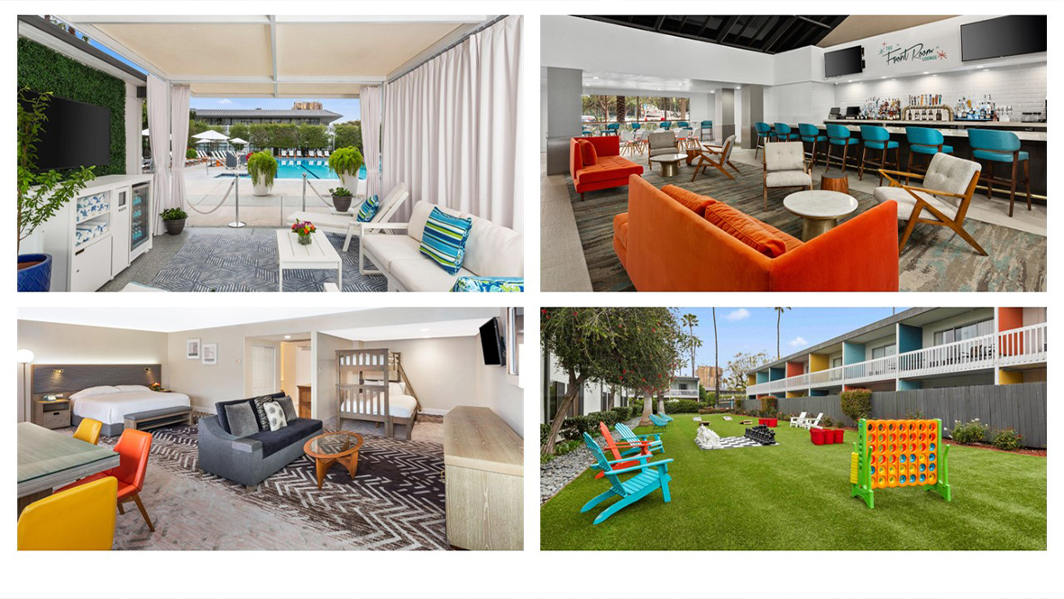 A vibrant collage highlighting various features of a hotel: the first image, upper left, showcases a luxurious private cabana by the pool, complete with comfortable seating, colorful striped cushions, and a relaxed ambiance surrounded by elegant curtains. The second image, upper right, features a stylish indoor lounge and bar area with mid-century modern furniture, including bright orange and blue chairs, sleek wooden tables, and an inviting atmosphere overlooking the pool area. The third image, lower left, depicts a spacious and family-friendly guest room, outfitted with a queen bed, a bunk bed, a cozy seating area, and contemporary furnishings set against a chevron-patterned rug and warm lighting. The final image, lower right, captures an outdoor recreational lawn featuring colorful Adirondack chairs, oversized games like Connect Four and chess, and a backdrop of vibrant, two-story buildings with colorful accents, all framed by palm trees and a sunny blue sky, creating a lively and inviting environment