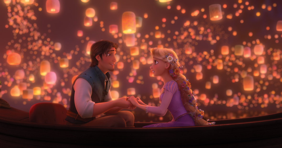 Flynn (left) and Rapunzel (right) are seated in a wooden boat on a serene lake, surrounded by floating sky lanterns. Rapunzel, dressed in a pink and purple gown, her long blonde hair adorned with flowers. Flynn, wearing a white tunic beneath blue vest and brown trousers, clasps Rapunzel's hands, as they gaze into each other's eyes.