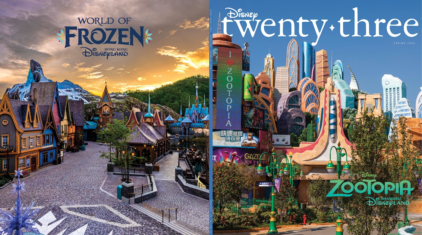The front and back cover of the Spring 2024 issue of Disney twenty-three. On the left of the image is the back cover, depicting the World of Frozen at Hong Kong Disneyland, with the land’s logo superimposed over the sky. On the right hand side is the issue’s cover, showcasing Zootopia Land at Hong Kong Disneyland, with the land’s logo superimposed over the right corner of the image. At the top of the image in white is the logo for Disney twenty-three.