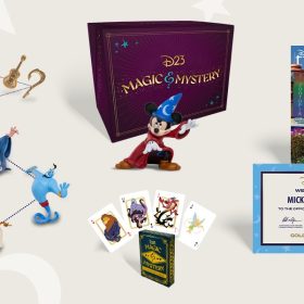 The D23 2024 Gold Member Collector set and the Disney twenty-three Spring 2024 issue, and the D23 Gold Member certificate and card are displayed against a white background patterned with stars and crescent moons. The Collector Set display includes seven gold pins, four vinyl figures, a purple box labeled “D23 Magic & Mystery” in gold letters, a vinyl sorcerer’s apprentice Mickey figure, and a custom card deck. The Spring 2024 issue of Disney twenty-three features a photo of Zootopia Land from Shanghai Disneyland. Both the D23 Gold Member certificate and card feature a blue version of the moon and stars pattern along with a depiction of sorcerer’s apprentice Mickey.