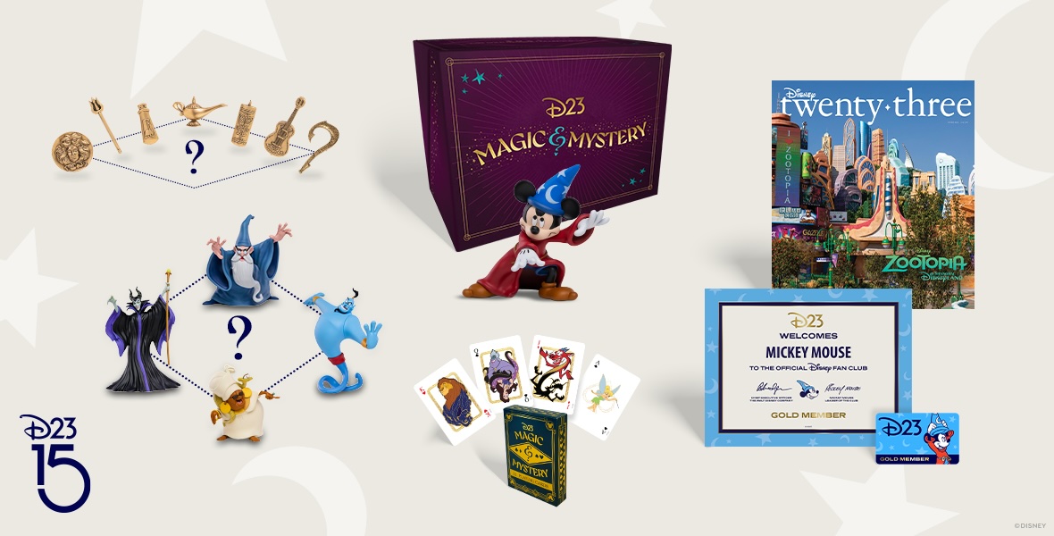 The D23 2024 Gold Member Collector set and the Disney twenty-three Spring 2024 issue, and the D23 Gold Member certificate and card are displayed against a white background patterned with stars and crescent moons. The Collector Set display includes seven gold pins, four vinyl figures, a purple box labeled “D23 Magic & Mystery” in gold letters, a vinyl sorcerer’s apprentice Mickey figure, and a custom card deck. The Spring 2024 issue of Disney twenty-three features a photo of Zootopia Land from Shanghai Disneyland. Both the D23 Gold Member certificate and card feature a blue version of the moon and stars pattern along with a depiction of sorcerer’s apprentice Mickey.