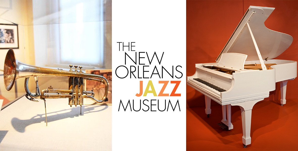 Logo for the New Orleans Jazz Museum with pictures of two exhibits on either side of the logo. On the left is a picture of Louis Armstrong’s Cornet and on the right is a picture of Fats Domino’s Piano.