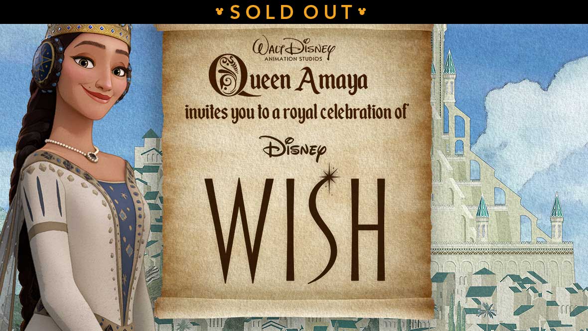 In a promotional image for the upcoming Wish Sing-Along Screening on the Walt Disney Studios Lot, Queen Amaya from the film is wearing her regal outfit and is seen justified to the left, with the kingdom of Rosas behind her. The middle of the image looks like parchment paper, with the following copy: “Queen Amaya invites you to a royal celebration of Walt Disney Animation Studios’ Wish.” Above this copy is the Walt Disney Animation Studios logo.