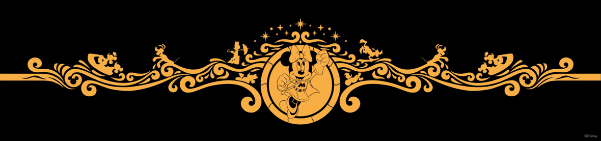 The gold Disney Destiny Bow filigree is set against a black backdrop.