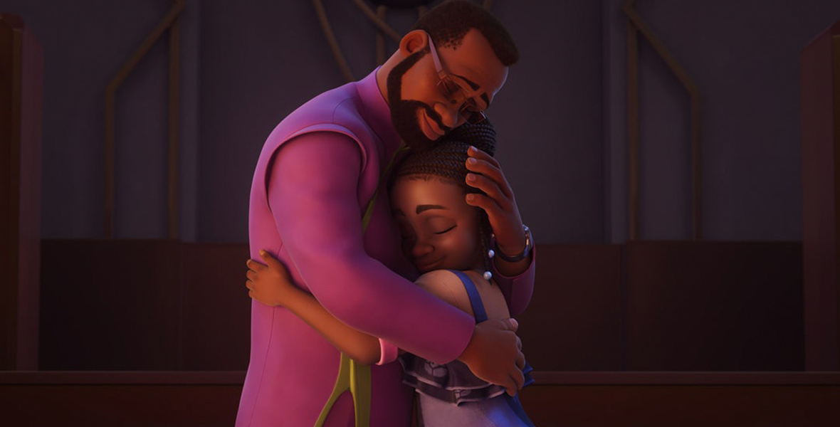 In a scene from the show Iwájú, Tunde Martins and Tola are embracing with their eyes closed. Tunde is wearing a pink, long-sleeve tunic with a green trim, and Tola is wearing an orange T-shirt and purple overalls.