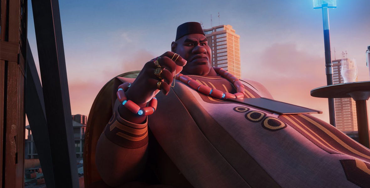 In a scene from the show Iwájú, Bode DeSousa is sitting on a chair with a frustrated expression. He is wearing an orange Abgadas, a bracelet and necklace with red and blue beads, and several gold rings. Absentmindedly, he fiddles with a gold chain. The backdrop showcases the mainland of Lagos, with its towering buildings and bustling roads.
