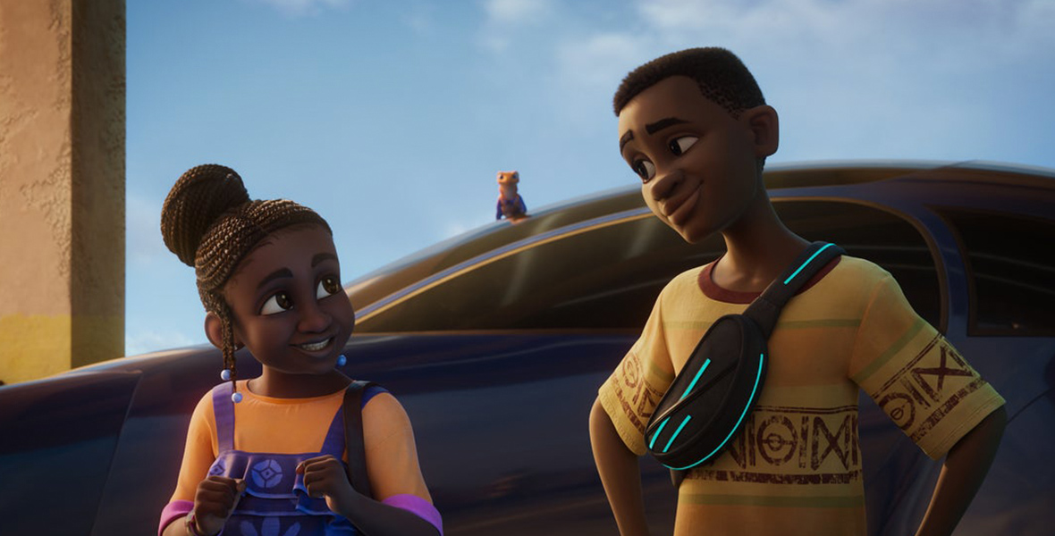 In a scene from the show Iwájú, Tola and Kole are looking at each other playfully. Tola is wearing an orange T-shirt and purple overalls, and Kole is wearing a yellow T-shirt with orange, brown, and green accents. In the background is a car, with Otin, Tola’s robotic pet lizard, standing on the car’s roof, looking at the two children.