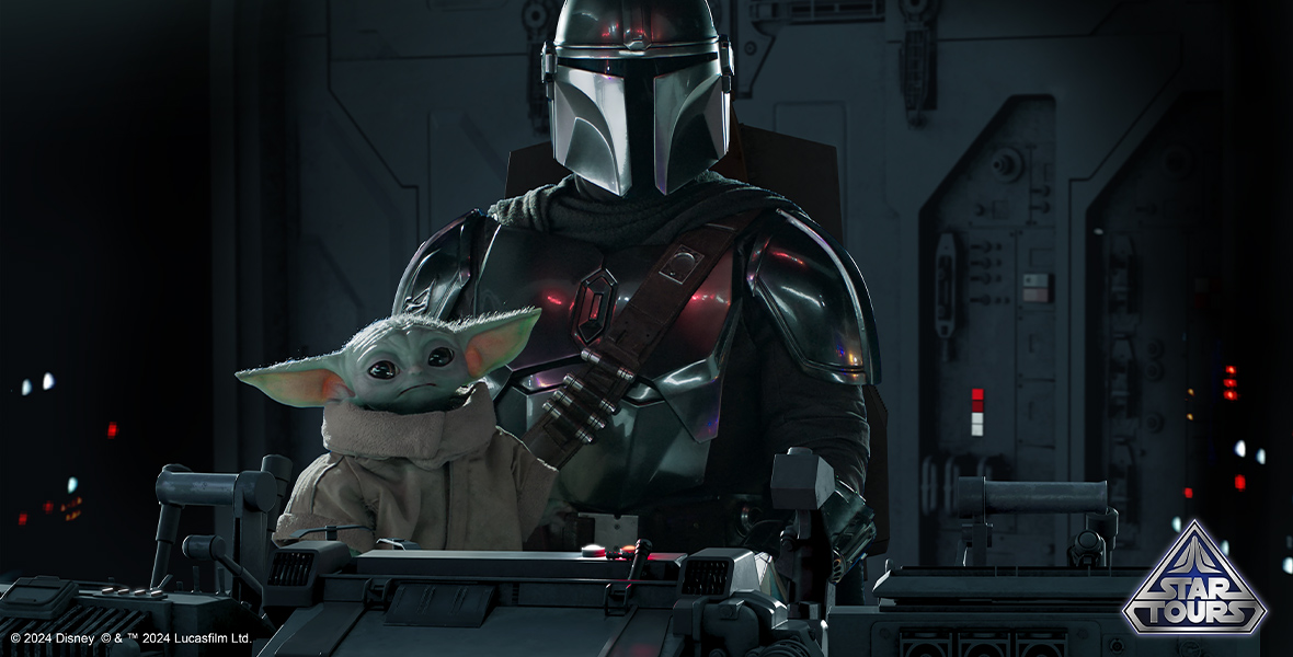 The Mandalorian, in his full beskar armor, sits in the cockpit of his ship. Grogu sits on his lap, looking at the camera with a distressed expression.